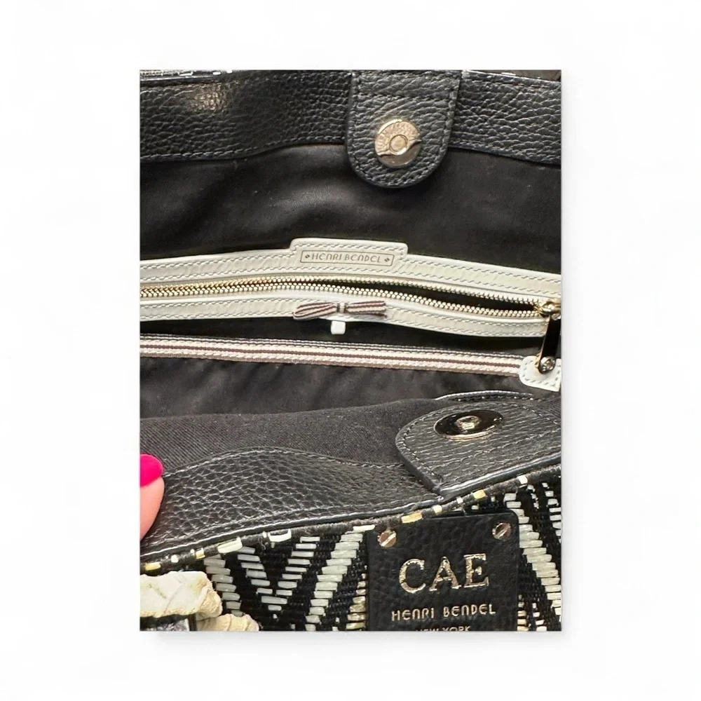 Henri Bendel Black and Tan Chevron Shoulder Tote Bag